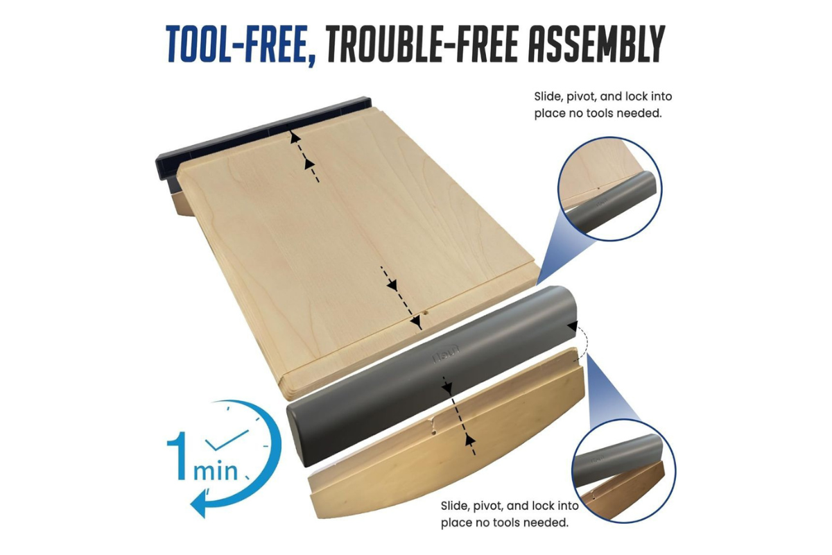 Diagram of a tool-free assembly process for a piece of furniture.